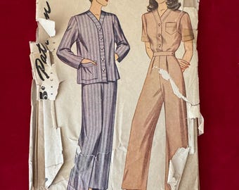 1943 Simplicity Sewing Pattern 4888 Misses Tailored Pajama Bottoms or Pants & Button Front Pajama top or blouse Size 18 Uncut~ 1940’s