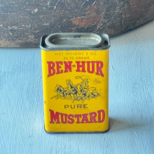 1950er Jahre BEN-HUR Mustard 2OZ Gewürzdose Litho Can Gold Horse Chario Lebensmitteldose, Vintage Küche, Vintage Gewürzdose