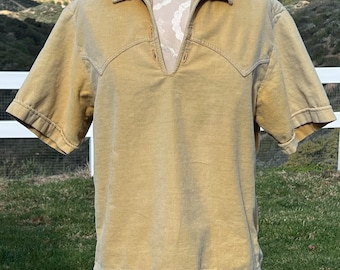 Vintage 60’s Unisex Gold Western Corduroy Velour Pullover Shirt with Lace Front Size S-M Mens- 60’s velour pullover, surfer clothing