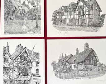 U PICK - Vintage Prints Hand Signed by Anthony John, Featuring Harvard House, Anne Hathaway's Cottage & Shakespeare's Birthplace, 10" X 7"