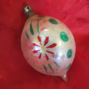 Vintage White Mercury Glass Teardrop Hand Painted Christmas Ornament, Made in Poland - 3 1/4&quot;D; mercury glass teardrop ornament