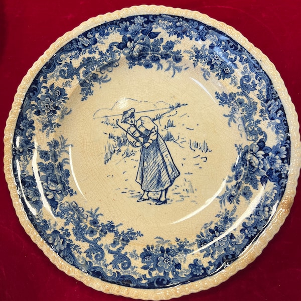 RARE Antique 1800’s Minton China Flow Blue Female Golfer in Dress Commoretive Dinner Plate 10 1/2”~ Edwardian female golfer, antique golf