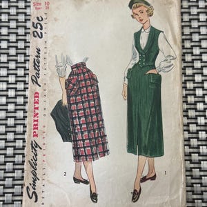 May include: Vintage Simplicity sewing pattern for a skirt and vest. The pattern is printed on paper and shows two illustrations of a woman wearing the garments. The pattern number is 2938 and the price is 25 cents. The text "Simplicity's Truly Teen Style" is printed at the bottom of the pattern.