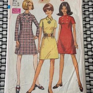 1968 Simplicity Sewing Pattern 7757 Misses Collared Short Jumper Dress Size 14  cut; 1960s jumper pattern, mini dress pattern