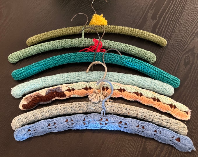 Vintage Lot of 7 Green and Blue Crochet & Knitted Clothing Hangers