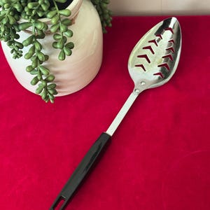 Vintage ANDROCK Slotted Stainless Spoon with Black Plastic Handle 12&quot;~ vintage kitchen slotted spoon, Androck spoon