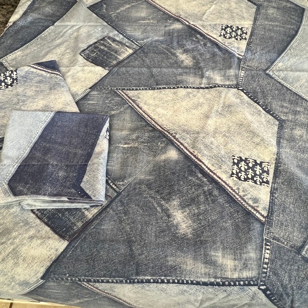 RARE 1970’s Wamsutta Denim Patchwork Look Twin Flat Sheet & Two Standard Pillowcases- denim sheets, 1970’s patchwork sheets
