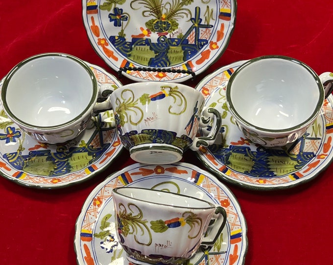 Vintage Set of 4 Cottura Pottery Blue Carnation Garofano Faenza Cups