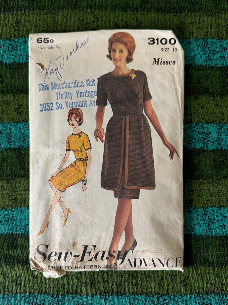 1960s Advance Sewing Pattern 3100 Misses Short Sleeve Above Knee Dress ...