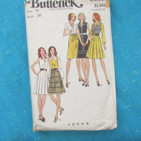 1970s Butterick Sewing Pattern 6632 Front Zip Dress w/ Kick Pleat Skirt  Size 14, Cut- tailored dress, kick pleat dress