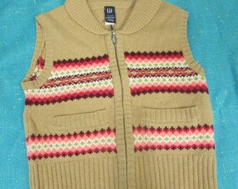 Vintage BABY GAP Cotton Blend Zip Up Sweater Vest Tan and Burgundy with 2 Pockets~ 18m -24 m~ boys or girls zip up sweater vest