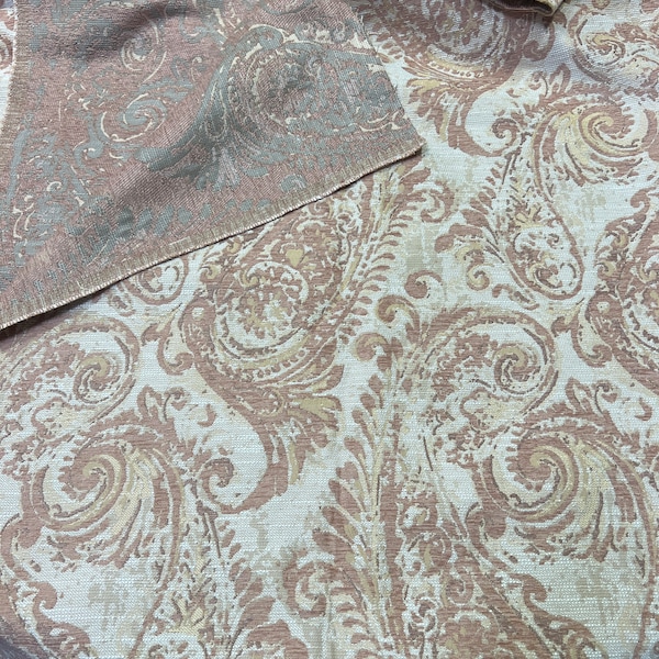 Vintage Taupe & Peach Large Paisley Chenille Heavyweight Reversible Upholstery Fabric 56” w x BTY- chenille Upholstery Fabric, upholstery