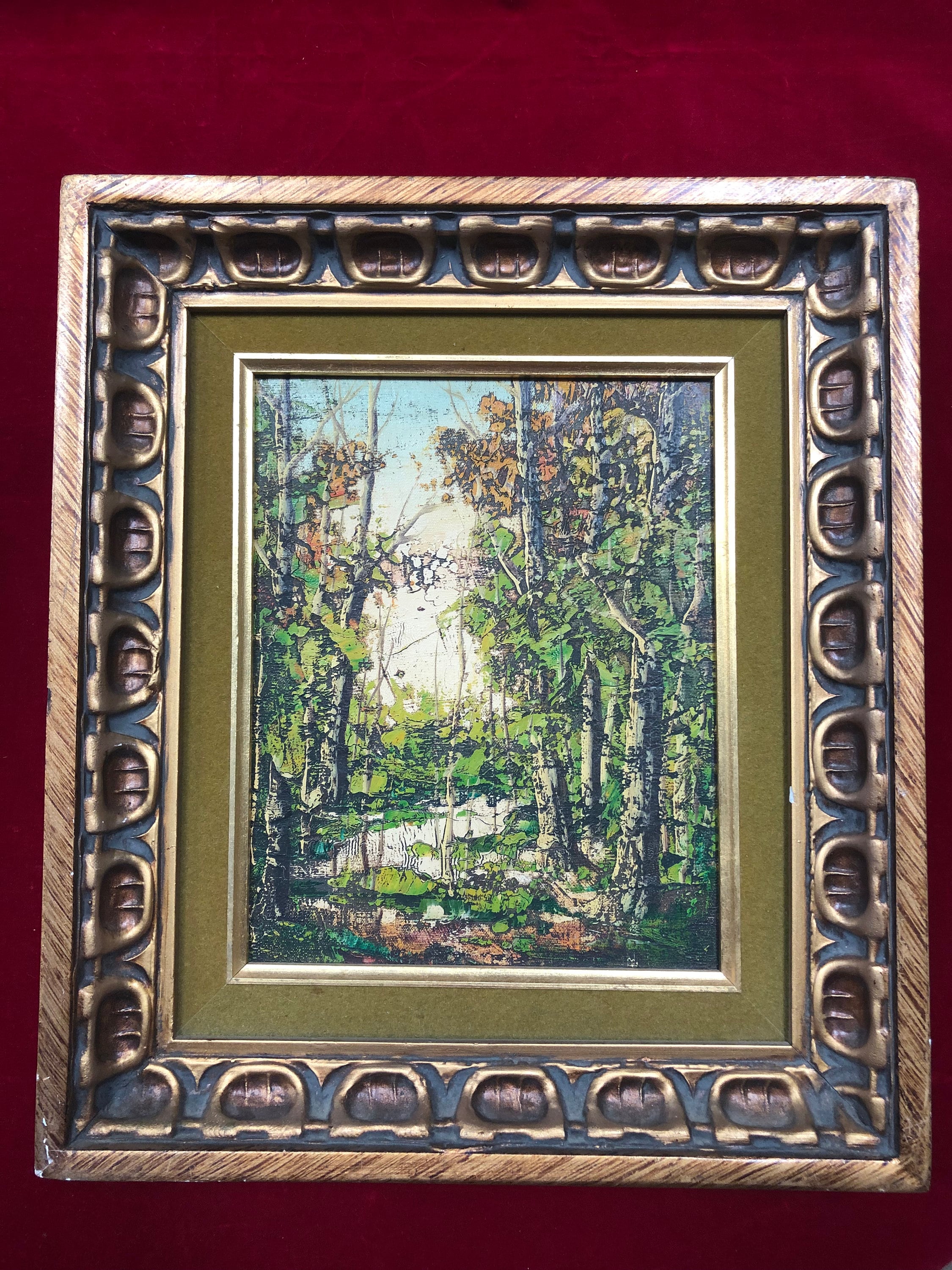 Vintage oil painting fancy gold gesso Wood Frame Redman Robert Sills blue  winter