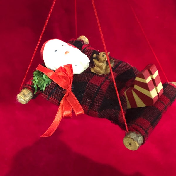 Vintage Cute Santa Claus Sleeping Outdoors on Cot with Squirrel Christmas ornament 4 1/2" W- camping ornament, Santa Claus camping ornament