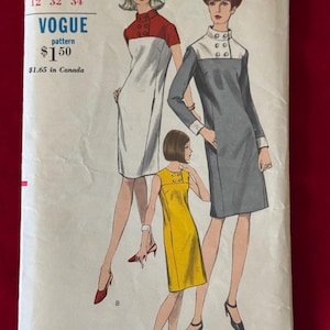 RARE 60&#39;s Vogue Sewing Pattern 6875 Misses MOD Stand Up Collar Slim Dress Side Slit Pockets Button Detail on Yoke Size 12 uncut~ Vogue dress