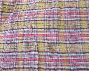 Vintage Yellow & Bright Pink Plaid Striped Seersucker Fabric, 42"W X BTY; skirt fabric, dress fabric, jumper fabric