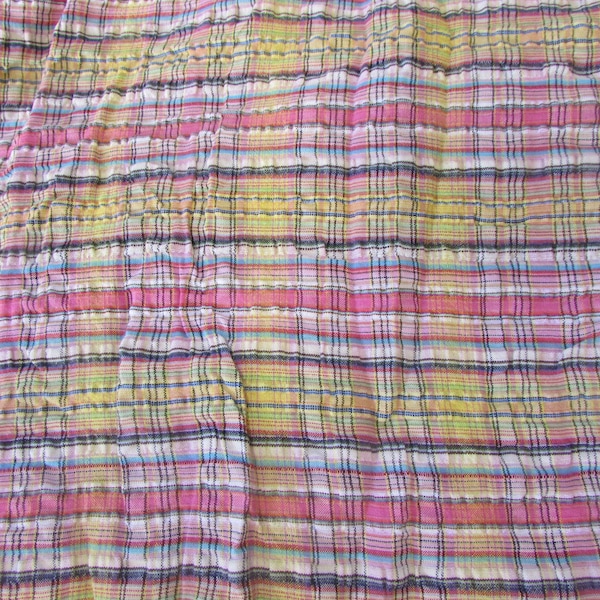 Vintage Yellow & Bright Pink Plaid Striped Seersucker Fabric, 42"W X BTY; skirt fabric, dress fabric, jumper fabric