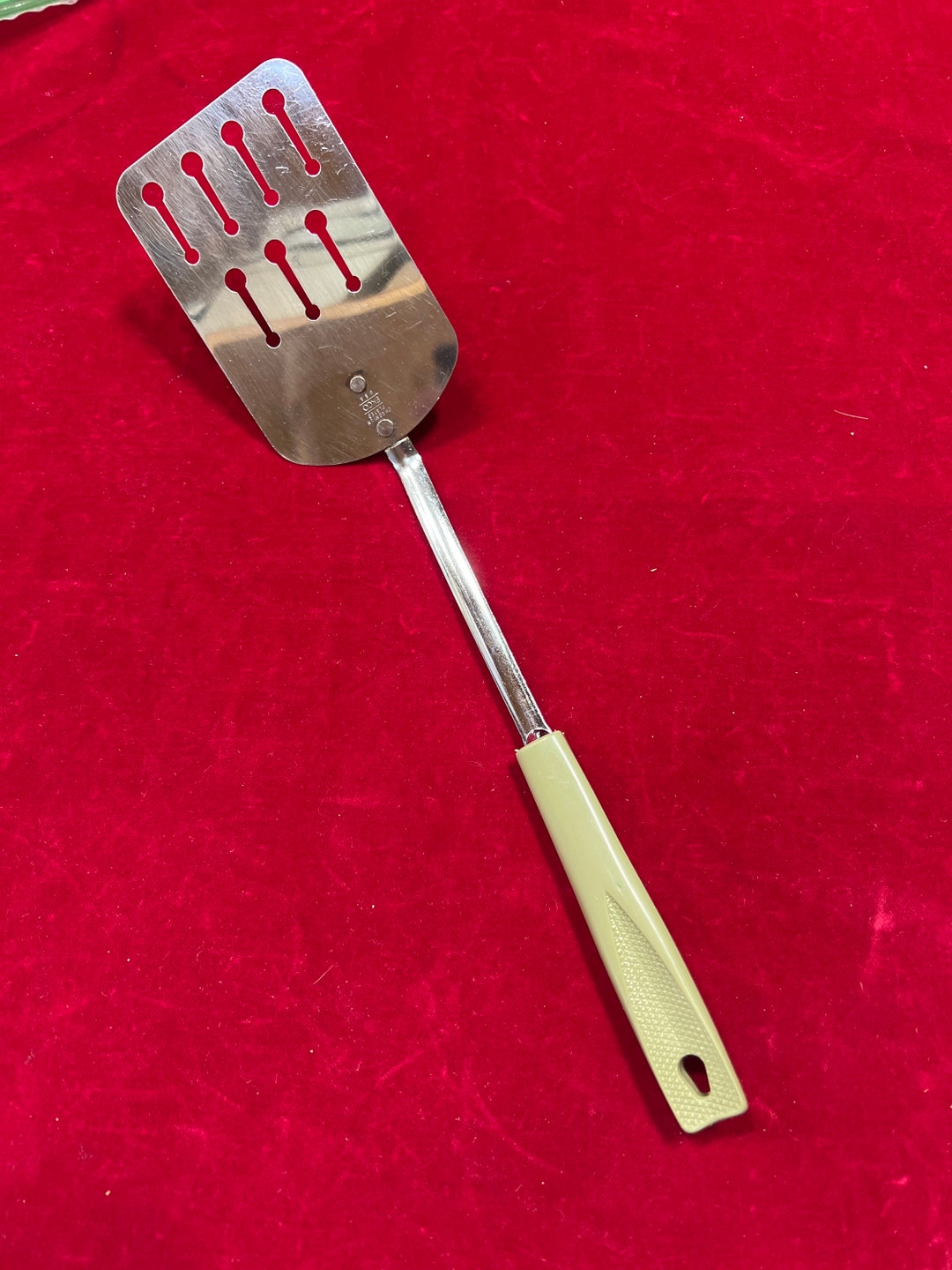 Vintage EKCO Long Green Handled Slotted Spatula, Chrome Plated, 13