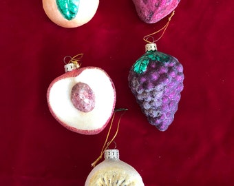Lot of 5 Fruit Shaped Glass Christmas Ornaments with Glass Glitter~ Lemon, Orange, Grape, Strawberry and Peach- fruit shaped glass ornament