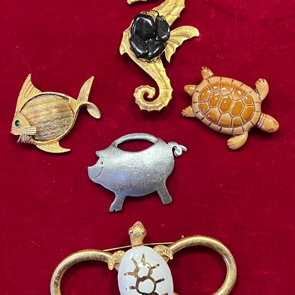 U CHOOSE- Vintage Animal Brooch Pins~  JJ rose gold fish brooch, Ultra Craft pig, white turtle, gold seahorse brooch