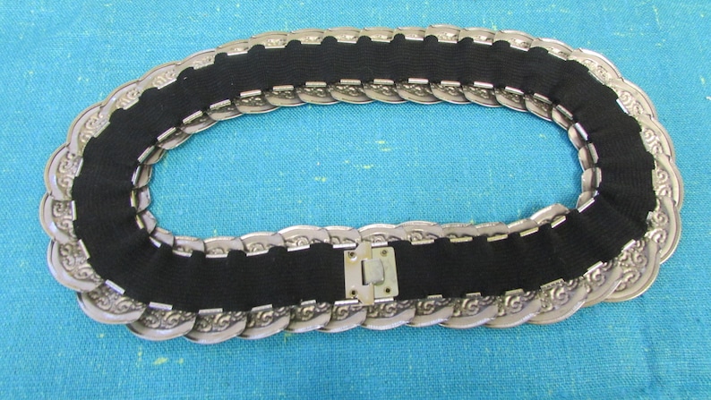 Vintage Silver Tone Metal Medallions Elastic Backing Belt silver tone belt 1980s belt elastic belt