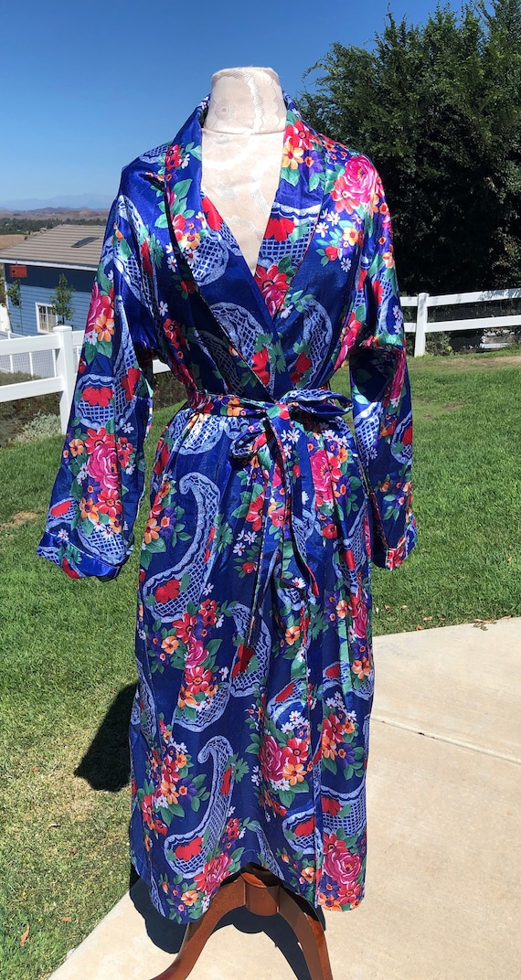 Vintage Adonna Royal Blue & Pink Floral Satin Kimo