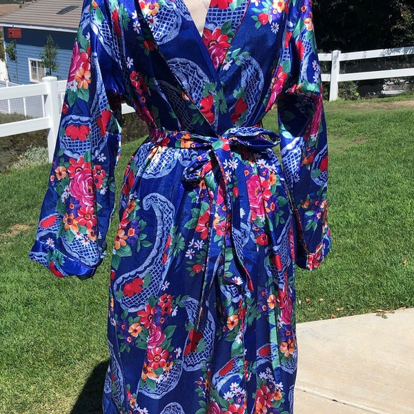 Vintage Adonna Royal Blue & Pink Floral Satin Kimono Wrap Long Robe Shawl Collar Size S- floral satin long robe, smoking jacket, Adonna robe