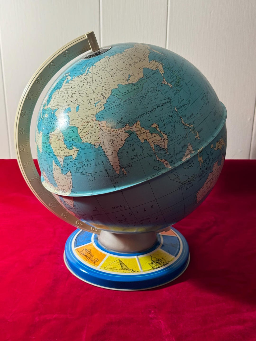 Vintage Ohio Art Company Tin World Globe With Landmark Base