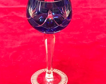 Vintage Bohemian Cut to Clear Glass Cobalt Blue Wine Goblet Glass Hock 7 1/2” H- cut to clear wine glass, Bohemian glass