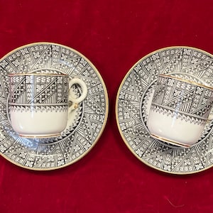RARE 1800’s Royal Worcester Porcelain Set of 2 Demitasse Cups and Saucers Black Geometric Pattern with old Stamps- antique cup and saucer