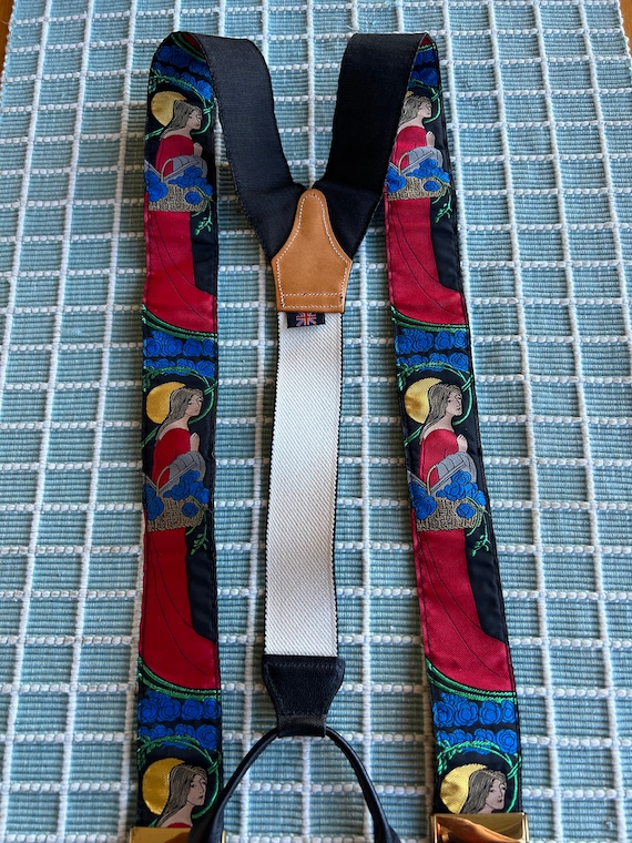 RARE Limited Edition Albert Thurston of London Silk Suspenders With Art  Nouveau Woman in Black, Red and Blue With Y Back Brass Clips 