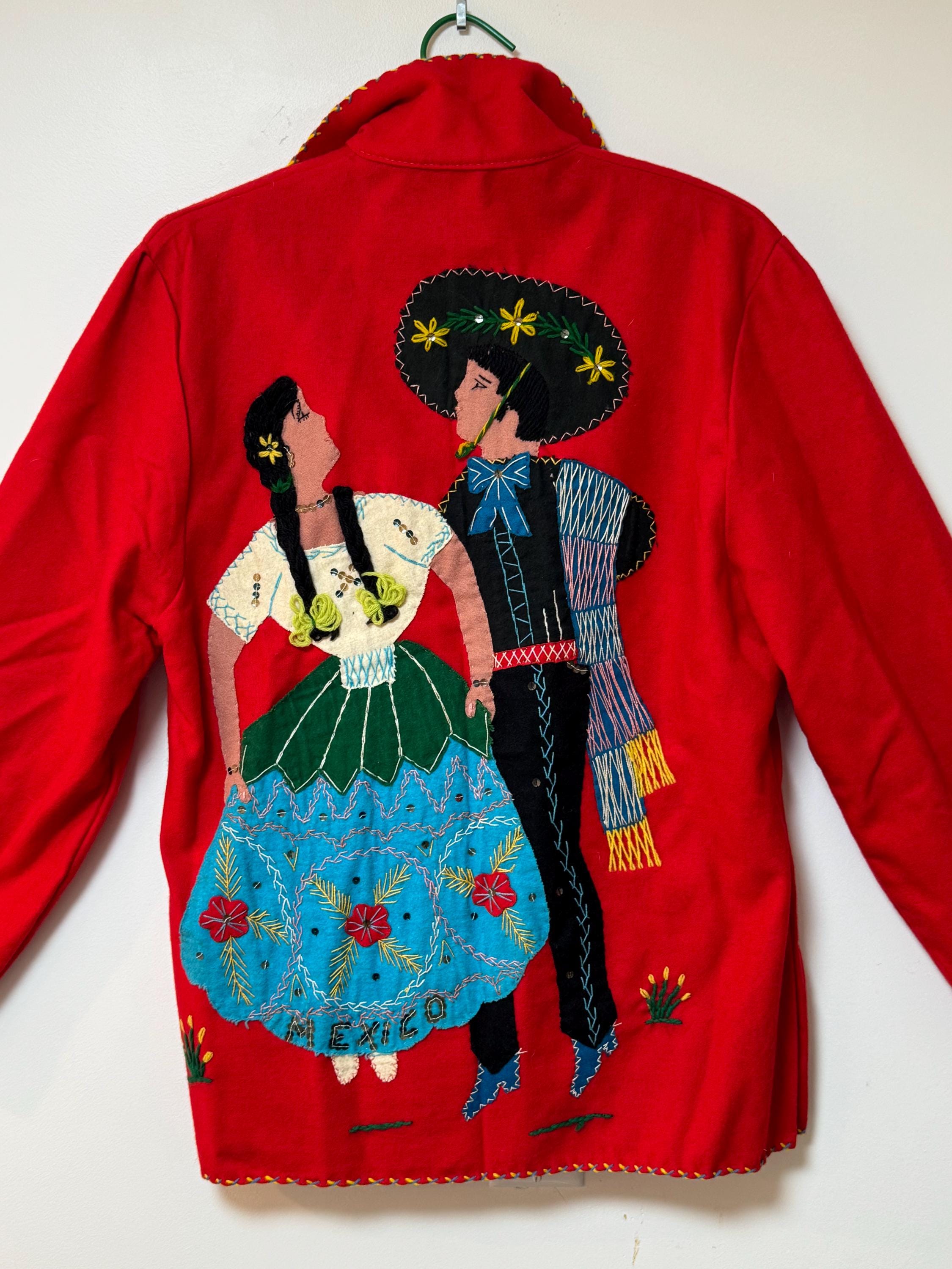 1940s Mexican Souvenir Jacket Red Wool Embroidered Mexican Jacket