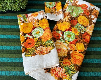 1970’s Pequot Floral Velour Bath Towel set NEW OLD STK Orange/Brown/Green/Yellow One Bath Towel, One Hand Towel One Washcloth~ flower power