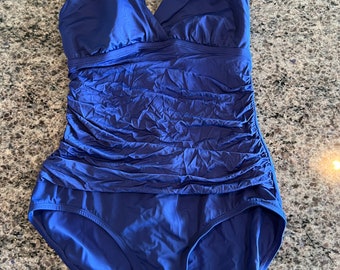 Vintage Jantzen Solid Blue Ruched Waist One Piece Swimsuit Size L~Jantzen one piece swimsuit, solid royal blue one piece swimsuit