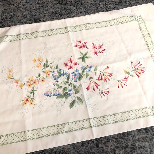 Vintage J C Penney One King Pillowcase Green Border and Spring Flowers Center- JC Penney bedding,pillowcase PRICE EACH