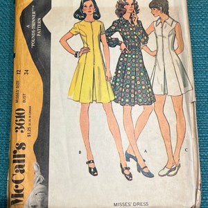 1973 Mccalls Sewing Pattern 3610 Misses Zipper Front Short Jumper Dress Inverted Pleat Size 12 cut- summer dress pattern, zipper front dress