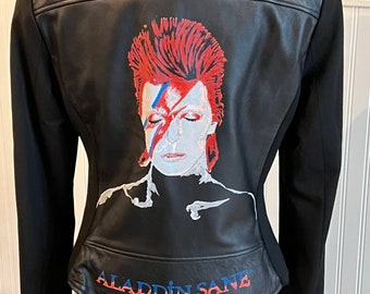 David Bowie "Aladdin Sane" Women's Black Motorcycle Biker Jacket with David Bowie's Face on Back Size 12 Made in Italy~ David Bowie