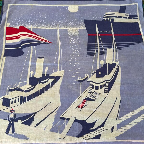 Vintage RARE Rodier Paris Blue Ships At Port Scenic Cotton Scarf French Navy Sailor 25 1/2" Square~ cruise scarf, Rodier scarf, Paris scarf