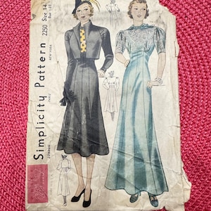 SUPER RARE 1935 Simplicity Sewing Pattern 2250 Misses Long Evening Gown Dress or Mid Length Dress w/Cropped Jacket Size 14 -30’s dress