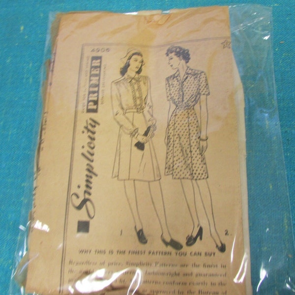 RARE 1941 Simplicity Sewing Pattern 4906 Misses Gathered Waist with Pointed Collar with Slim Skirt, Size 18, Not Printed; 40s dress pattern