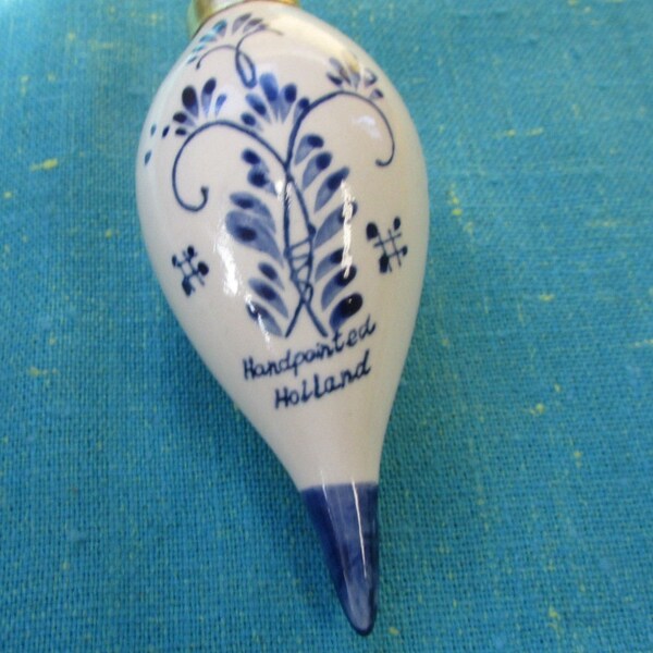 Vintage Ceramic Hand Painted Delft Blue Holland Teardrop Christmas Ornament with Windmill and Brass top, 4 3/4” Long; Holland ornament