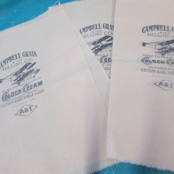 5 Vintage Burlap Campbell Grainand Milling Co Flour Bag Sack Beige with Black & Orange Letters Fabric; 18" X 14", wright bros plane symbol