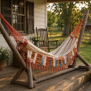 May include: A woven fabric hammock suspended on a sturdy wooden frame. The hammock features a cream-coloured centre with decorative orange, blue, and white striped side panels, finished with a row of hanging tassels along the bottom edge.