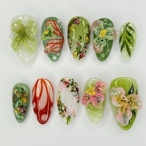 3D Floral Green Nail Art, Handmade Nature Nails, Green Garden Nails with Flowers & Butterflies, Fairycore nails, Green nail set