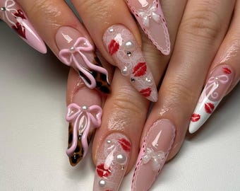 Pink Coquette Press On Nails, 3D Bow Nail Art with Lace and Red Kiss Accents, Cute Romantic Nails, Valentines nails