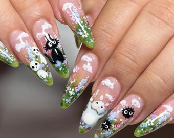 Studio Ghibli Inspired Press On Nails, Cottagecore Nail Art Set, Pastel Green Flower Field Nails, Cute Nails, Anime Nails, Reusable Nail