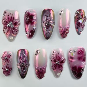 Burgundy 3D Floral Nails, Glam Pink Chrome Nails, Pink Purple Press On Nails, 3D Art Luxury Nails, Purple Pink 3D Nails, Pink Flowers Nails