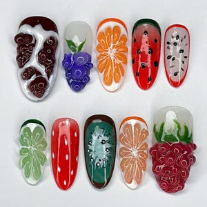 Colorful Fruit Lover Press On Nails, Summer Holiday Fake Nails, Fresh False Nails for Holiday, Fruit nail set, Summer nails, Picnic nails