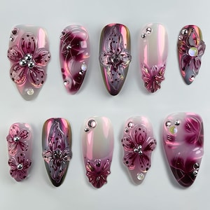 Burgundy 3D Floral Nails, 3D Flower Press On Nails, Burgundy Pink Chrome Nails, Luxury Handmade Fake Nails, Gift for her, Birthday nails