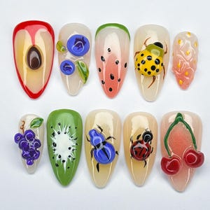 Ladybug Press On Nails, Cute Handmade Bug Nail Art, 3D Acrylic Fruit Nails , Kawaii Fruit Bug Nail Set,  Summer Fun Colorful Fake Nails